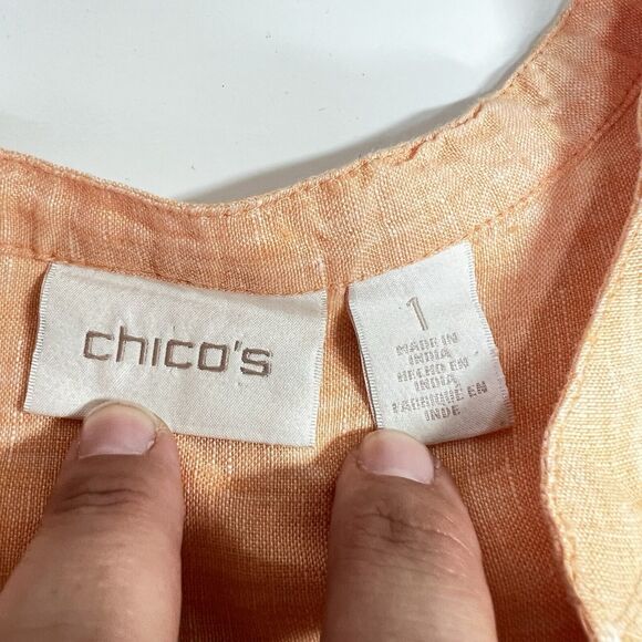Chico's Linen Henley Tunic Top Womens 1 Orange Coral Top Popover EUC Creamsicle - Picture 2 of 8